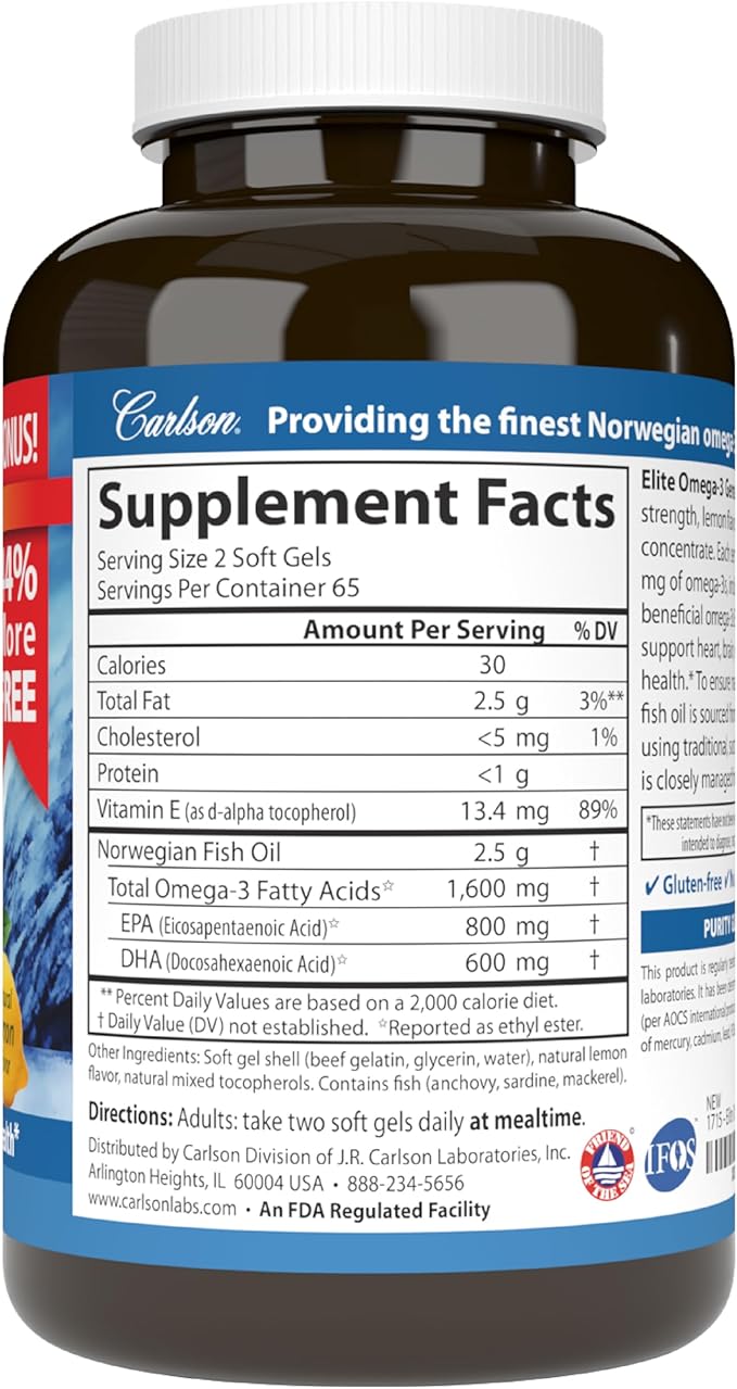 Carlson - Elite Omega-3 Gems 1600 mg Omega-3 Fatty Acids Including EPA and DHA Norwegian Wild-Caught Fish Oil Supplement Sustainably Sourced Omega 3 Fish Oil Capsules Lemon 130 Softgels