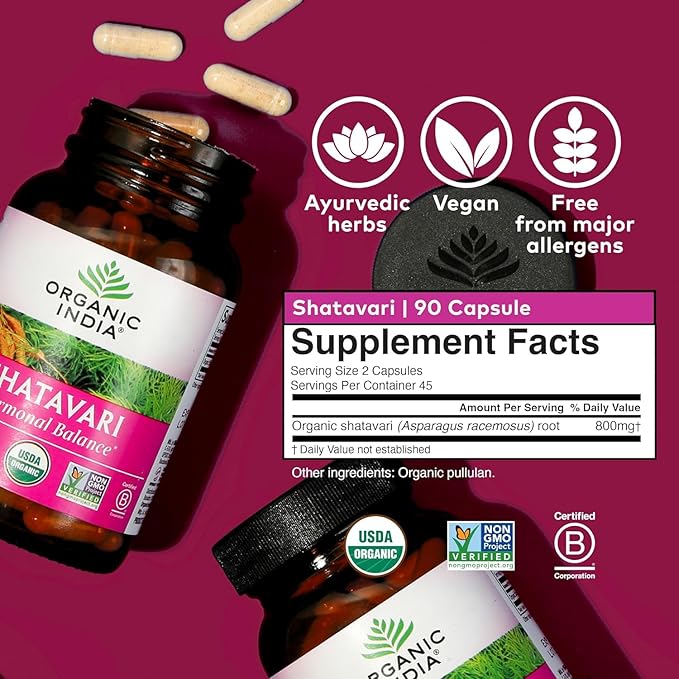 ORGANIC INDIA Shatavari Capsules - Herbal Supplement Supports Hormonal Balance Immune System Support Vegan Gluten-Free USDA Organic Supports Reproductive Health - 180 Capsules