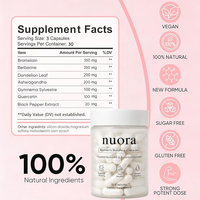 Nuora Gut Health Capsules with Berberine Nuora Gut Biofilm Probiotic Ritual Promotes Metabolism &amp Gut Health Vegan Non-GMO for Women 90 Capsules (1)