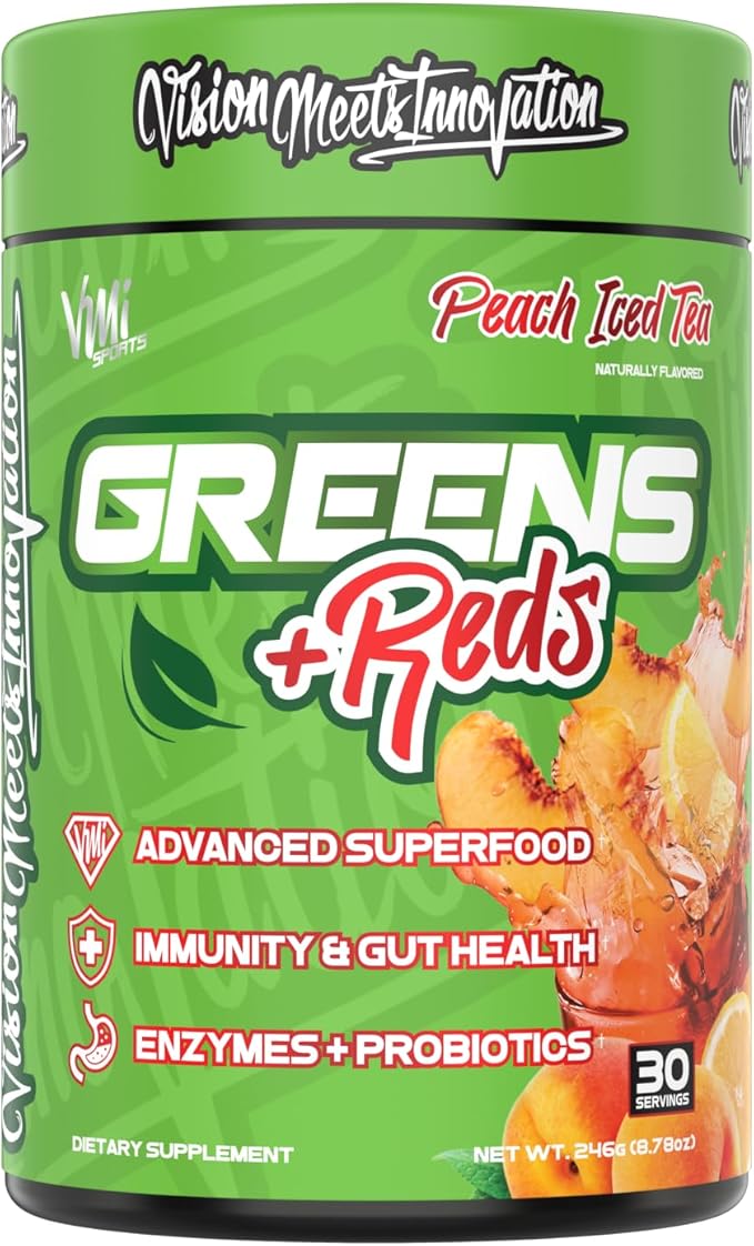 VMI Sports Greens + Reds Advanced Superfood Immunity and Gut Health | Enzymes &amp Probiotics | 30 Servings (Peach Iced Tea)