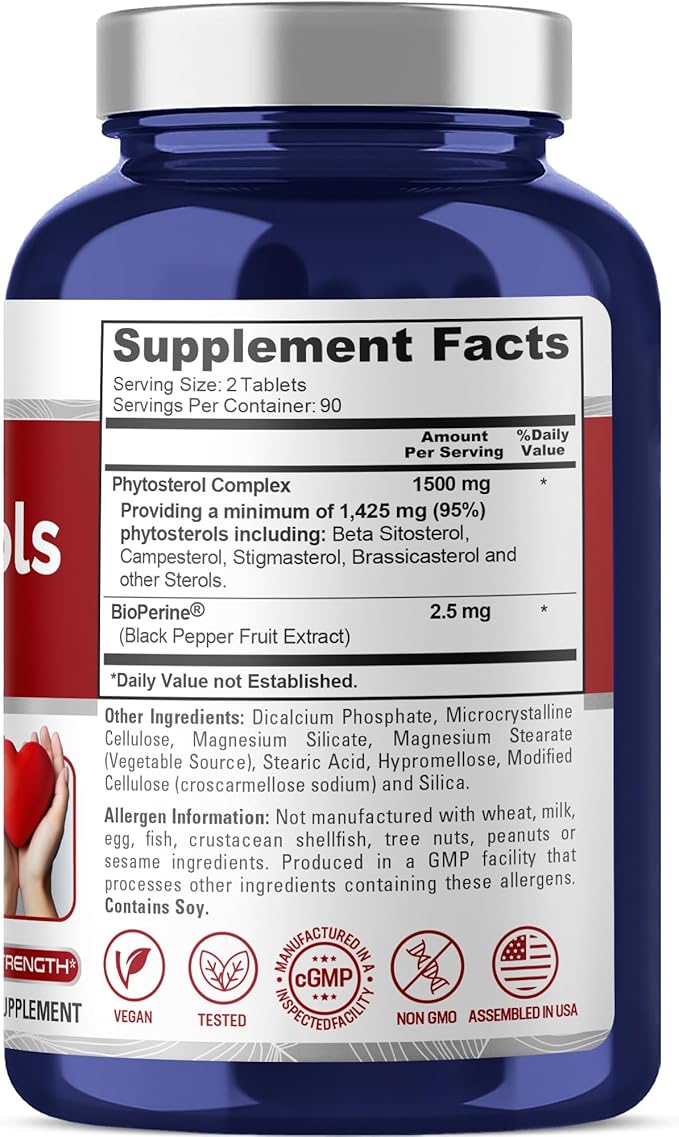 NusaPure Plant Sterols 1500 mg - 180 Tablets (Non-GMO Vegan) Beta Sitosterol Bioperine