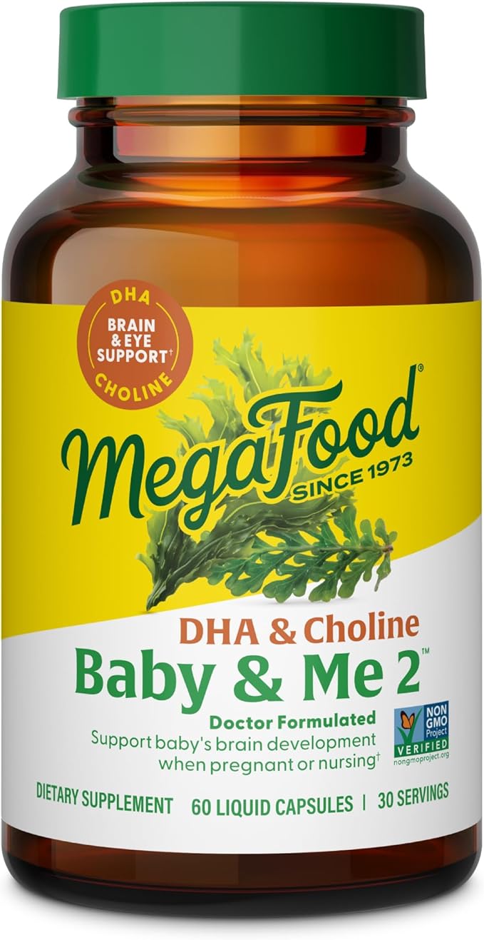 MegaFood Baby &amp Me 2 Prenatal Vitamins for Women DHA &amp Choline Supplements Liquid DHA and Choline for Baby's Brain and Eye Development During Pregnancy Vegan 60 Capsules (30 Servings)