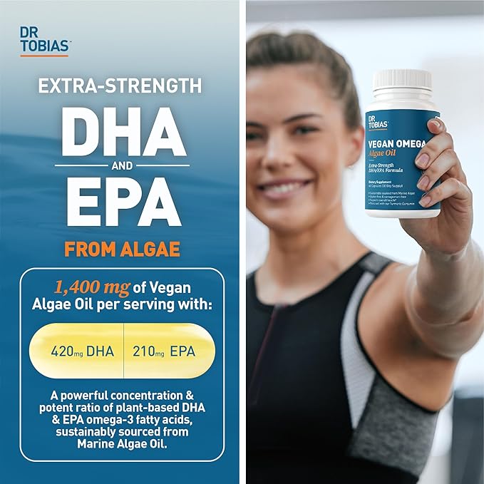 Dr. Tobias Vegan Omega 3 Algae Oil and Blood Pressure Support Supplement Supports Normal Circulatory Health Gut Immune Function and Overall Wellness Non-GMO