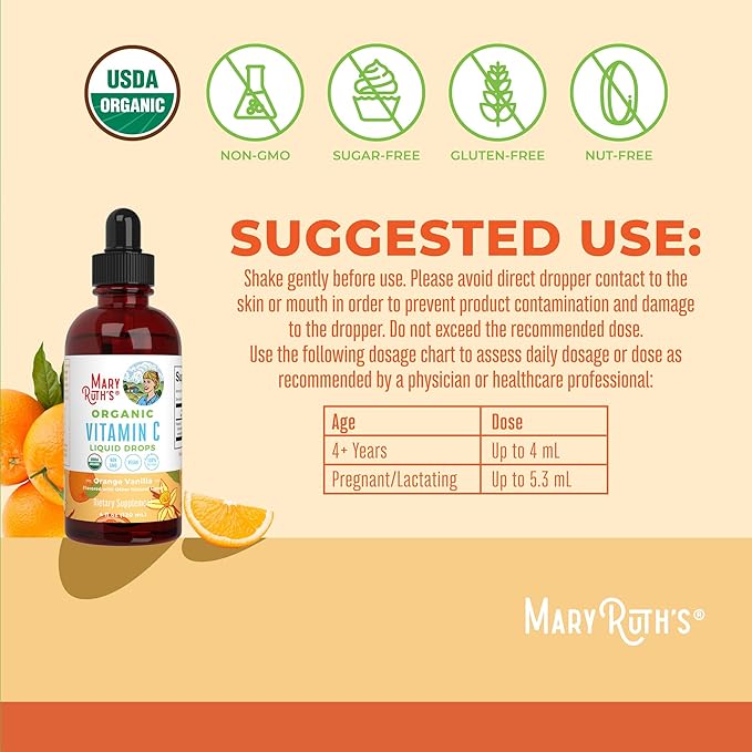 MARYRUTH'S Organic Vitamin C Supplement | Liquid Vitamin C Liquid Drops for Adults &amp Kids | Immune Support Supplement for Overall Health | Vegan | Non-GMO | Gluten Free | 4 Fl Oz