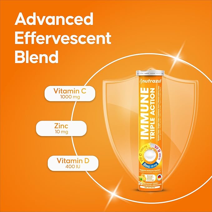 nutrazul Immune Triple Action Effervescent Tablets with Vitamin C 1000mg Vitamin D Zinc Support Daily Routine Gluten-Free Sugar-Free Lactose-Free Orange Flavor 20 Tablets (Pack of 5x20)