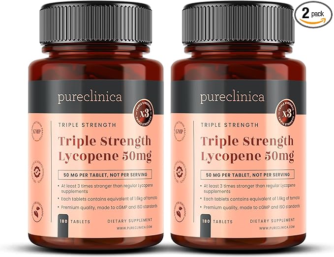 pureclinica Lycopene Supplement 50mg – High Strength Tomato Extract Antioxidant – 360 Tablets (1 Year Supply) – Prostate Health Heart Eye &amp Skin Support – GMO Free