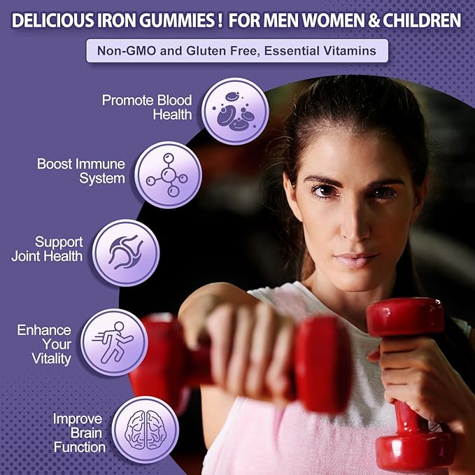 Vegan Iron Supplement 65mg Iron Gummies for Women and Men with Vitamin C 250mg Vitamin A B-Complex Biotin Zinc &amp Folate Folate for Energy Boost Immune Health 120 Count