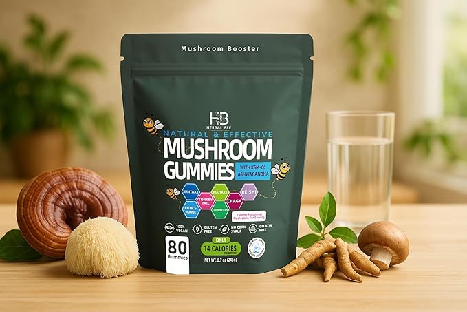 Organic Ashwagandha &amp Lions Mane Mushroom Gummies - Reishi Cordyceps Turkey Tail Maitake Shitake &amp Chaga Immune Support &amp defense Brain Boost Vegan All-in-One Superfood supplement