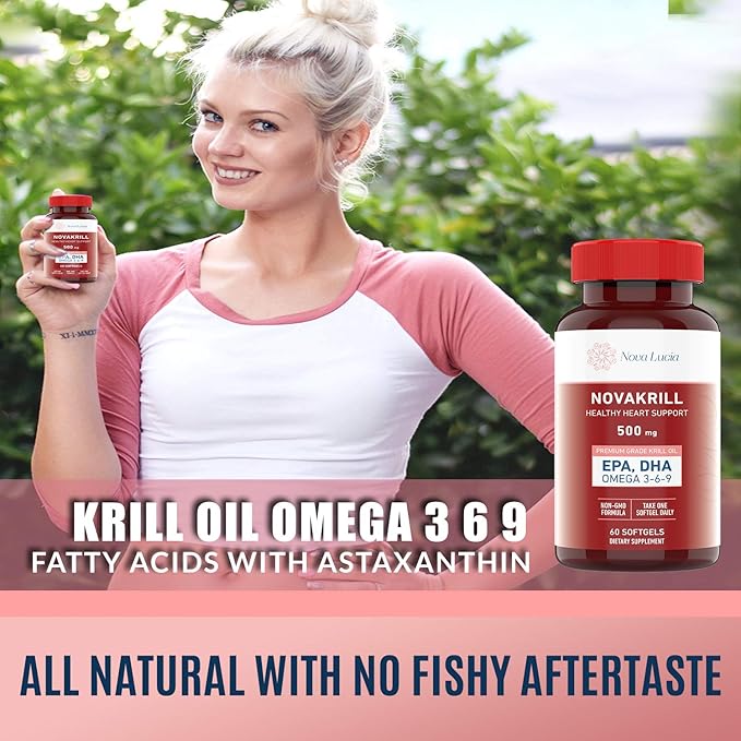NovaKrill Krill Oil Omega 3 Supplement – 1000mg Softgels with EPA DHA Astaxanthin – No Fishy Aftertaste – Easy to Swallow Antarctic Krill Oil – 60 Liquid Capsules