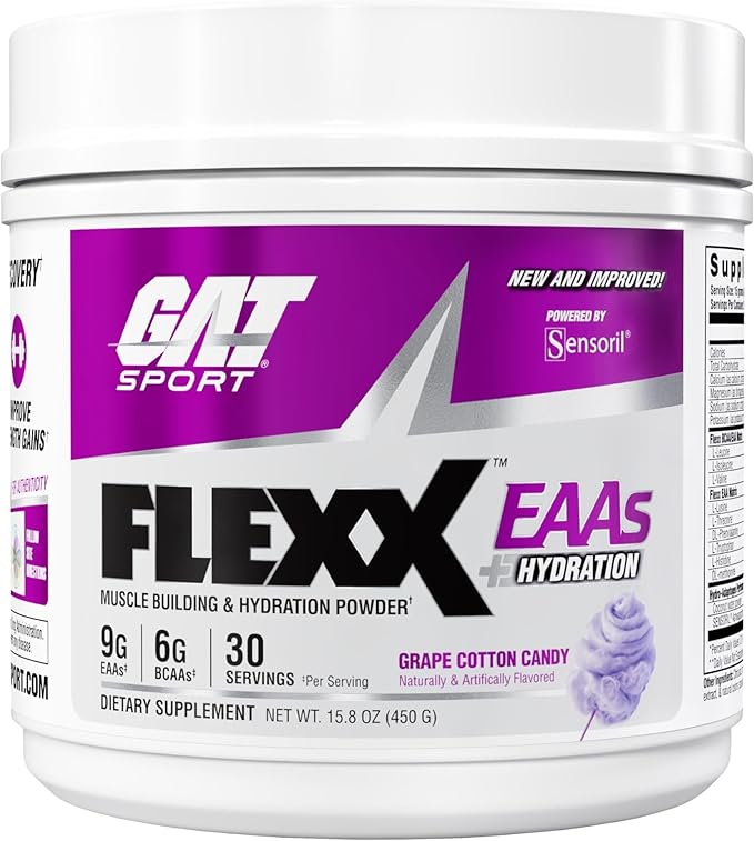 GAT SPORT FLEXX EAAs – New &amp Improved 9g EAAs + Ashwagandha | Muscle Recovery &amp Hydration | 3rd Party Tested | 30 Servings (Grape Cotton Candy)