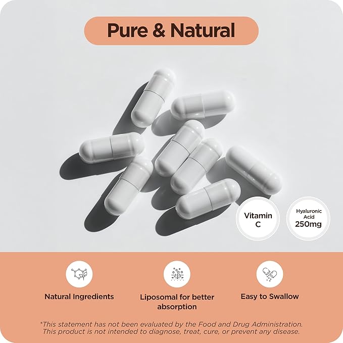 Pure Hyaluronic Acid Supplement 250mg with Vitamin C 50mg 120 Vegan Capsules - Skin Hydration for Natural Glow Hair Nails Bone &amp Joint Health Formula
