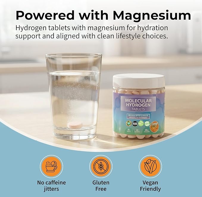 BODY C.E.O. Hydrogen Water Tablets with Magnesium | Molecular Hydrogen Tablet for Drinking Water | Support Energy Focus &amp Antioxidant Balance | Vegan &amp Gluten Free Supplement| 90 Count (Orange