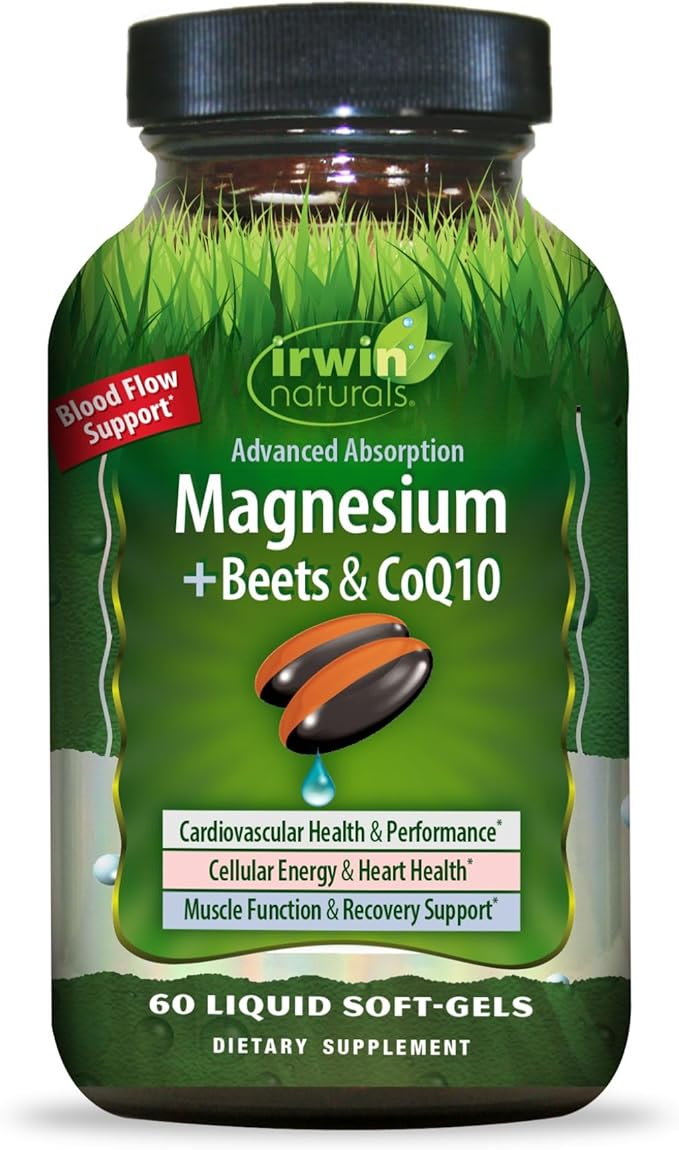 Irwin Naturals Magnesium + Beets &amp CoQ10 Heart and Energy Support with Beet Root Grapeseed and Omega-3 Flaxseed Oil 60 Liquid Softgels