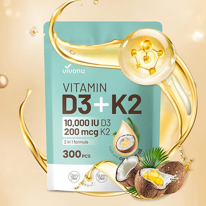 VivoNu Vitamin D3 K2 10000 IU with MK7-300 Virgin Coconut Oil Softgels 2 in 1 Vitamins D &amp K Complex | Vitamina D3 con K2 ((1Bag)