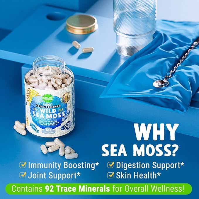 MAJU 4-in-1 Organic Sea Moss Capsules Wild Chondrus Crispus Seamoss w/Bladderwrack + Burdock Root Stronger Than Gel Irish Sebi Inspired Raw Powder in Pills 500 mg Capsule (60 ct)