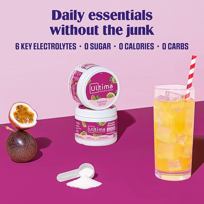 Ultima Replenisher Daily Electrolyte Powder Drink Mix – Sugar Free – Passionfruit 30 Servings – Hydration Powder with 6 Key Electrolytes and Trace Minerals – Keto Friendly Non-GMO