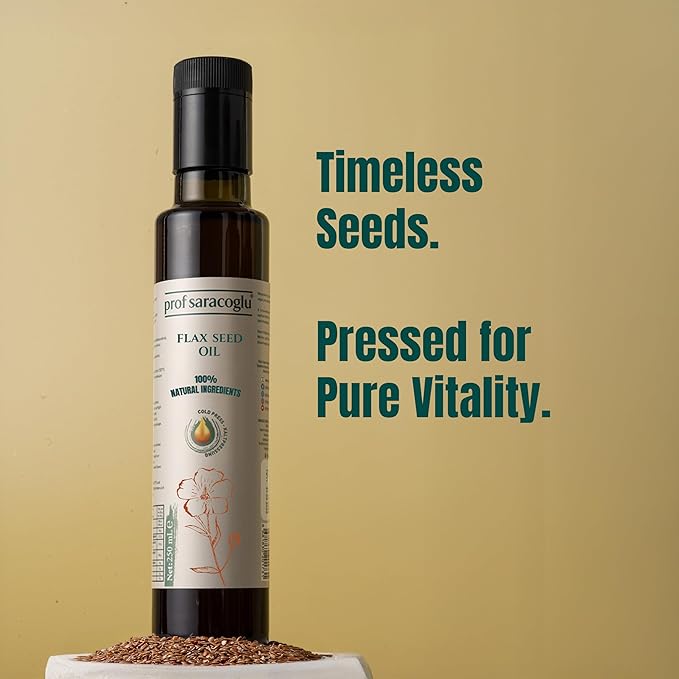 Prof Saracoglu Flaxseed Oil – Cold Pressed Solvent-Free Flax Seed Oil in Glass Bottle | Plant-Based Omega 3 with Lignans | Vegan Non-GMO | Hair Skin &amp Wellness | 8.45 fl oz