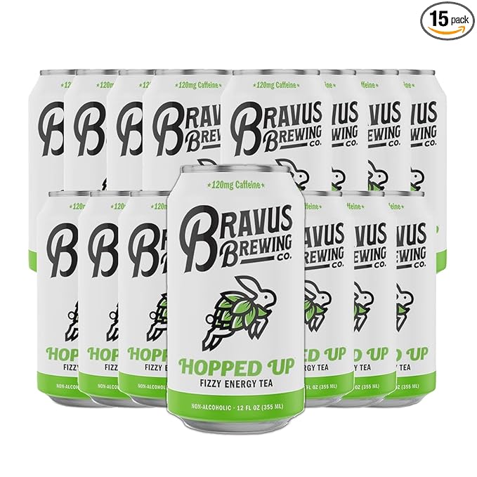 Bravus Hopped Up Sparkling Energy Tea 15 Pack - 12 fl oz - Low Calorie Organic Black Tea with Organic Hops and 120mg Organic Caffeine - Refreshing Boost with Only 10 Calories