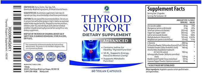 1 Body Thyroid Support Supplement for Women and Men Selenium with Iodine Zinc B12 Ashwagandha and L-Tyrosine Supports Hormone Health Energy and Metabolism 30 Day Supply