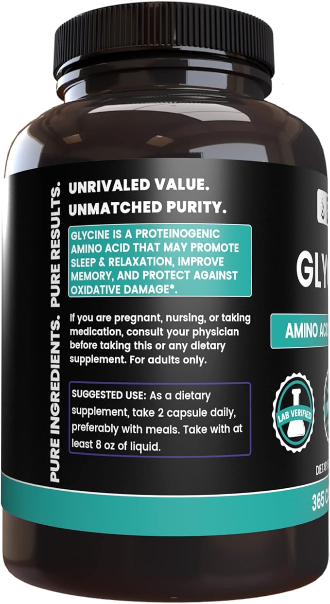 PURE ORIGINAL INGREDIENTS Glycine (365 Capsules) No Magnesium Or Rice Fillers Always Pure Lab Verified