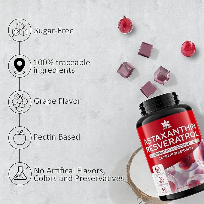 Astaxanthin Supplements 24mg Gummies with Resveratrol Vitamin B1 Coconut Oil - Algae Organic Antioxidants for Men &amp Women Healthy Aging Skin Eyes Immune - Vegan Sugar-Free Non-GMO 120 Serv