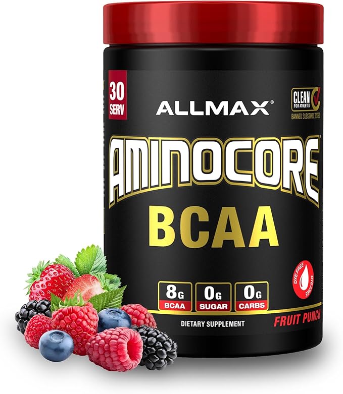 ALLMAX AMINOCORE BCAA Powder for Workout Muscle Recovery &amp Increased Endurance - Sugar Free No Fillers 8.18 Grams Bcaas Amino Acids B Vitamins for Women and Men - 30 Servings | Fruit Punch 345g