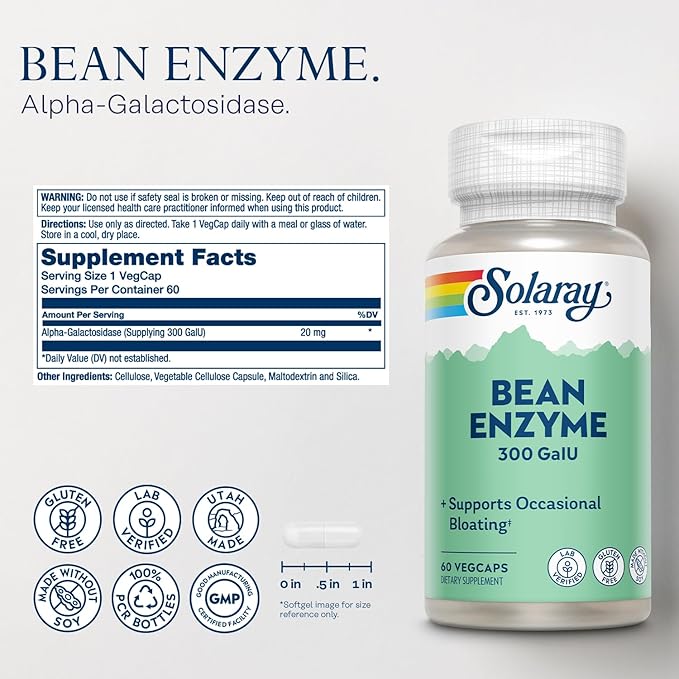 SOLARAY Vegan Betaine HCL w/Pepsin and Bean Enzyme - Digestive Health Bundle - Hydrochloric Acid Supplement and Alpha Galactosidase Digestive Enzymes for Gut Health Support 60-Day Guarantee 90/60ct