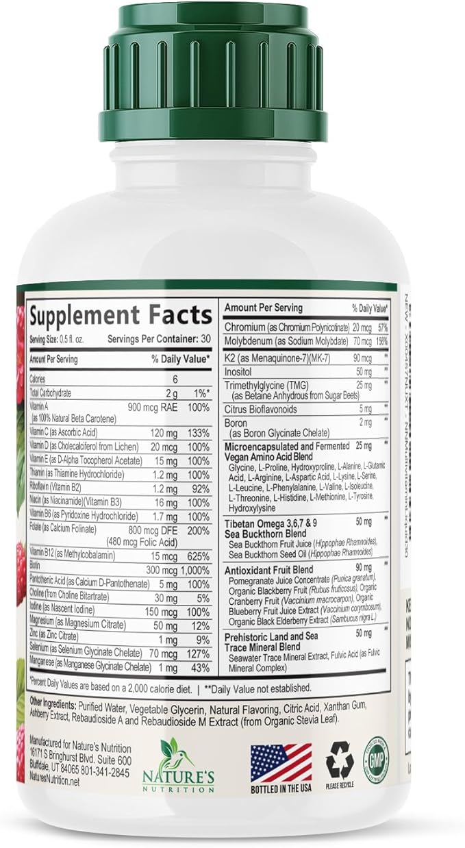 Liquid Multivitamin - Sugar Free Daily Multi Vitamin for Women Men &amp Kids Vitamins A C D B-12 Biotin &amp Zinc - Supports Faster Hair Growth &amp Skin Wrinkles Vegan Non-GMO Berry Flavo