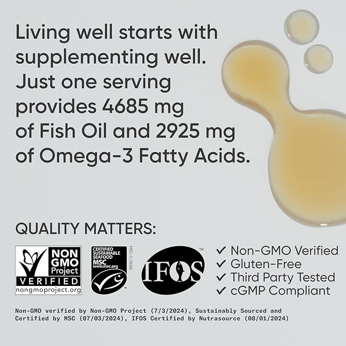 Sports Research® Omega-3 Fish Oil 8oz Glass Bottle - 4685mg of Wild Caught Alaska Pollock Fish Oil per Serving - Easy-to-Take Liquid · Lemon Flavor · Non-GMO · MSC Certified Sustainable - 48 Servings