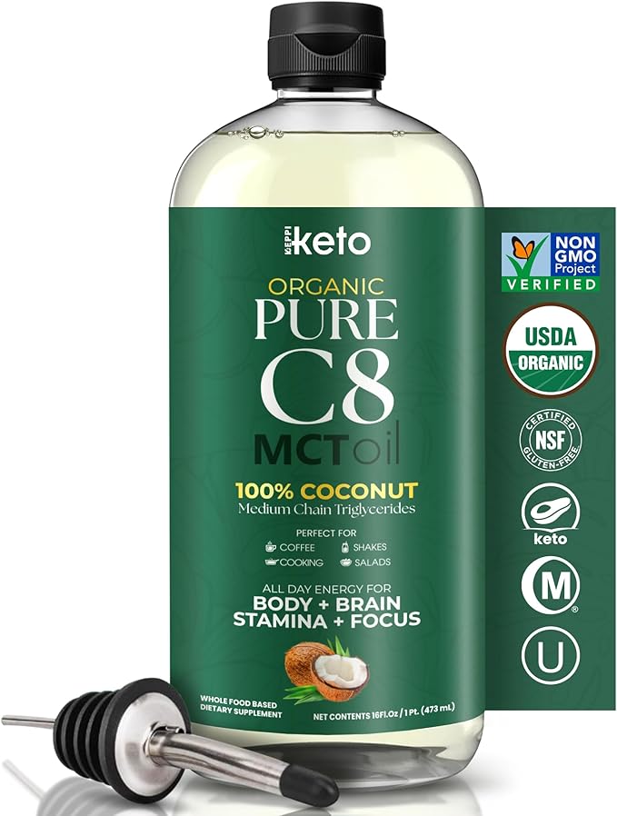 Keppi Organic MCT Oil - Flavorless C8 Non-GMO Certified Organic Gluten-Free Palm Oil Free Vegan Kosher Halal 16 oz Coconut Oil