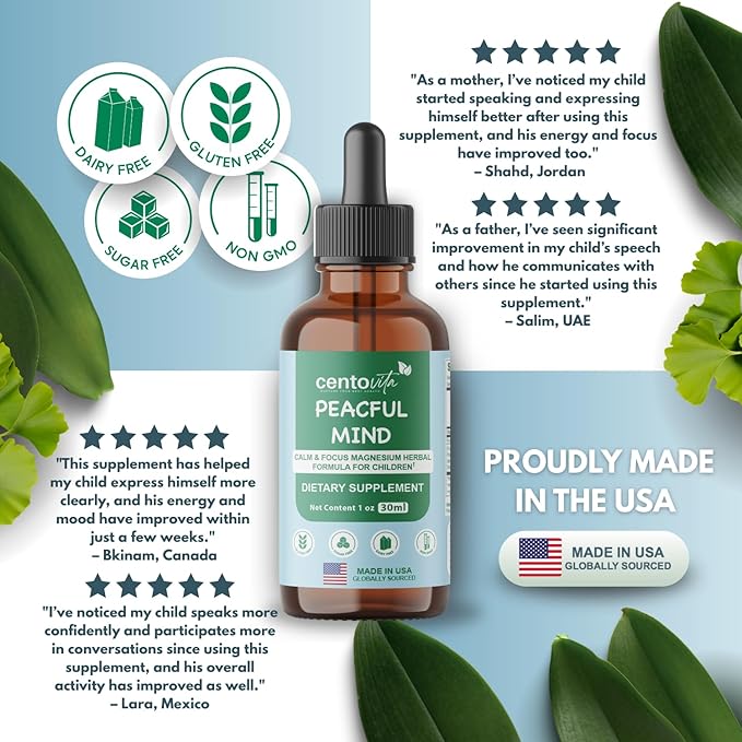 Peaceful Minds Calm &amp Focus Magnesium Herbal Formula for Children Magnesium Citrate Liquid for KidsMagnesium Drops for Kids Sleep Sugar &amp Gluten-Free Supplement Berry Flavor 1 OZ
