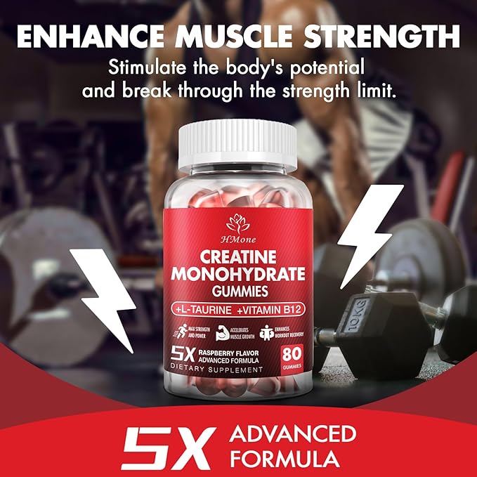 Creatine Monohydrate Gummies - 5g for Men &amp Women 160 Count and Creatine Chewable Supplements for Muscle Gain Muscle Strength Raspberry Flaavor