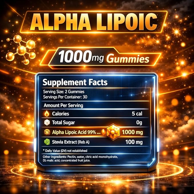 VAITE Alpha Lipoic Acid Gummies 1000mg ALA Supplement for Brain &amp Nerve Support Antioxidant Energy – Non-GMO Vegan Gluten-Free – 60 Chewables for Vitality and Comfort for Men &amp Women