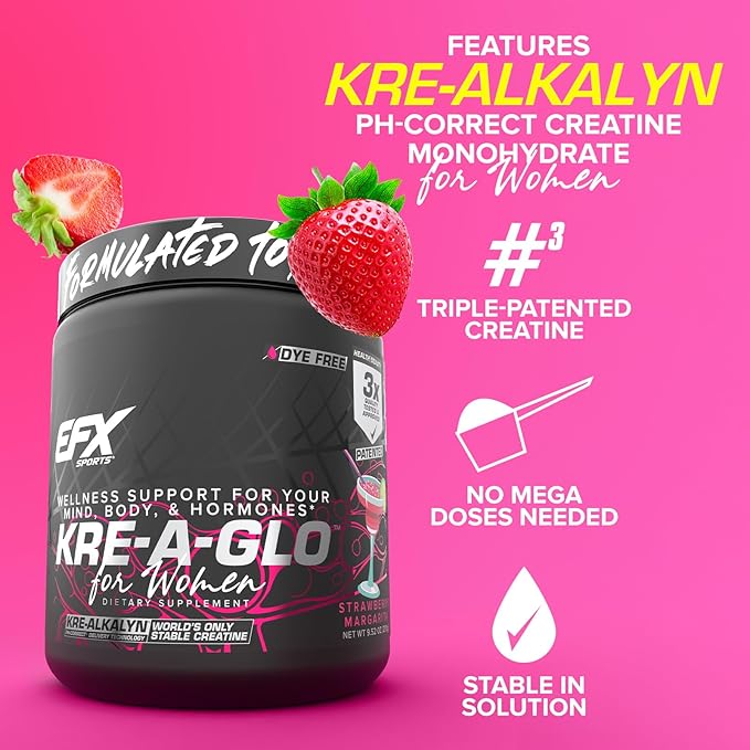 EFX Sports Kre-A-Glo Kre-Alkalyn Creatine for Women | 2.5g Collagen 300mg Ashwagandha 100mg Hyaluronic Acid | 30 Servings (Strawberry Margarita)