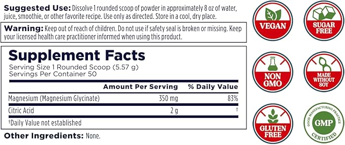KAL Calming Magnesium Glycinate Powder Plus Citric Acid - Unflavored - Nervous System Bone and Relaxation Support Drink Mix - No Sugar - 60-Day Guarantee 40 Servings 8.5 OZ