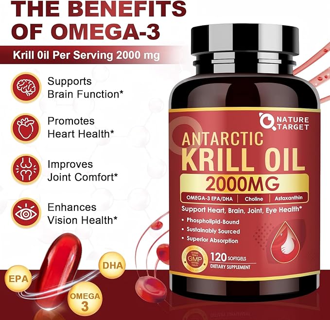 NATURE TARGET Krill Oil 2000 mg with Omega-3 EPA &amp DHA with Astaxanthin Supplement Choline - Supports Heart Brain Join Eye Health Non-GMO Gluten Free 120 Softgels (60 Servings)