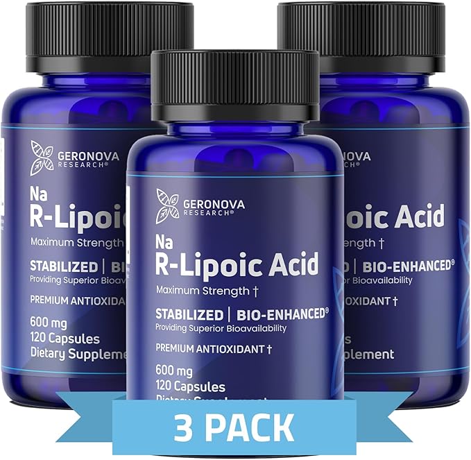 Geronova Research Bio-Enhanced R-Lipoic Acid 600 mg Capsules - 6 Month Supply - Stabilized R Alpha Lipoic Acid with Enhanced Absorption - R Lipoic Acid Supplement - 360 Count