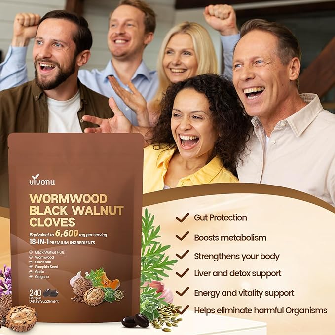 VivoNu Black Walnut Wormwood Clove Capsules Cleanse Detox Intestinal Guard Supplement for Humans 18-in-1 Herbal Blend with Pumpkin Seed Garlic Berberine Cinnamon &amp More 240 Softgels