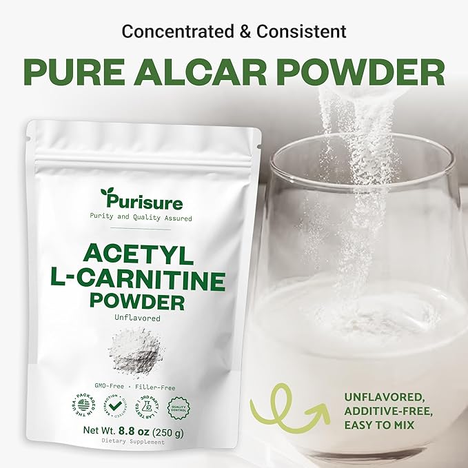 Purisure Acetyl L-Carnitine Powder ALCAR Powder Amino Acid Supplement Acetyl L-Carnitine Supplement for Better Cognitive Performance and Muscular Endurance Gluten Free Non-GMO 250g (8.8 oz)