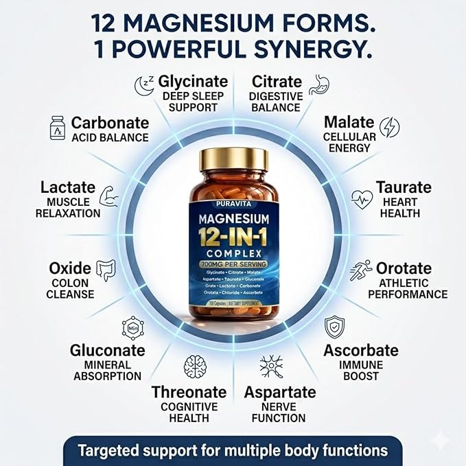 Puravita Magnesium Complex Puravita 12 in 1 Magnesium Supplement 700mg with Glycinate Citrate Malate Oxide Taurate &amp More – High Absorption for Muscle Nerve &amp Sleep Support 120 Capsules