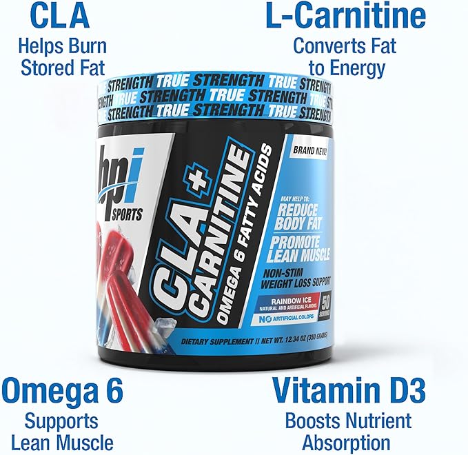 BPI Sports CLA + Carnitine Powder – Non Stimulant Fat Burner for Weight Loss Metabolism &amp Lean Muscle – Caffeine Free – Rainbow Ice – 50 Servings – 12.34 oz