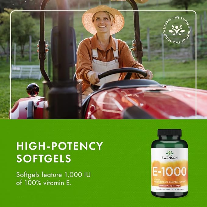 Swanson Vitamin E - Natural Vitamin Supplement Promoting Cardiovascular Health - Natural Formula Delivering Essential D-Alpha Tocopherols - (100 Softgels 1000 IU Each)