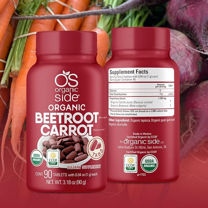 OS Organic Side | Beetroot &amp Carrot Tablets | 100% Pure Organic | 90 Count | 1120 mg | USDA Certified | Non-GMO Plant-Based for Heart Health &amp Energy Boost