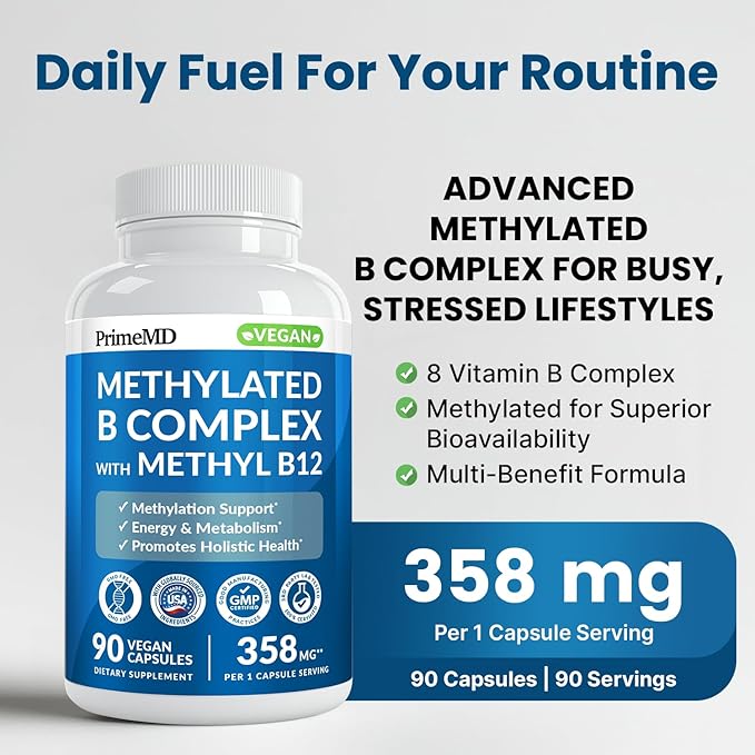 Methylated B Complex with Methylfolate and B12 Methylcobalamin 1000 mcg - Methylated Multivitamin for Energy Brain Function and Wellness - Vitamin B Complex for Men &amp Women (90 Servings) (Pack o