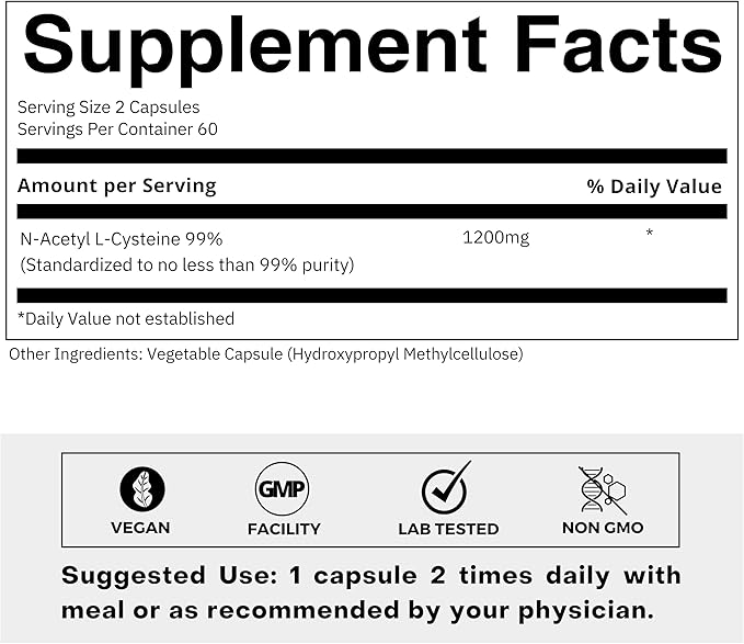 Clean Label N-Acetyl L-Cysteine (NAC) 600mg Supplement – Lungs and Respiratory Support – Immune Health Support – 120 Veg Capsules