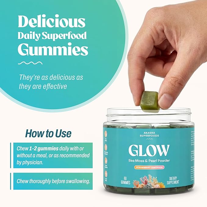 Akasha Superfoods Sea Moss Glow Gummies Hair Skin &amp Nails Vitamins with Seamoss Pearl Powder Vitamin E Aloe Vera Liposomal Vitamin C and Irish Sea Moss Gummies for Women &amp Men 60 Coun