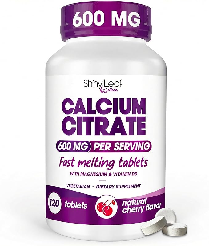 Shiny Leaf Calcium Citrate 600mg with Vitamin D3 &amp Magnesium - Fast Melting Bariatric Calcium for Post Surgery - Smooth Dissolving Non-Chalky Alternative to Chewable Chews - Cherry 120 Ct