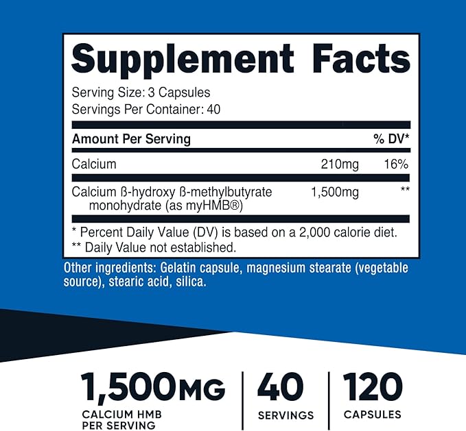 Nutricost myHMB Capsules 1500MG Calcium HMB Per Serving 120 Capsules 40 Servings - Performance Line Calcium B-Hydroxy B-Methylbutyrate Monohydrate