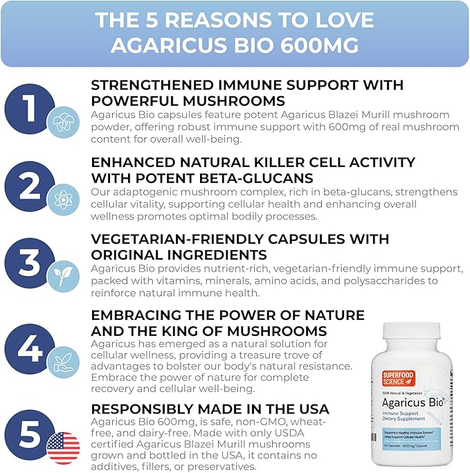 Agaricus Bio 600 mg Agaricus Mushroom for Natural Killer Cell Activity USA-Grown Organic Agaricus Blazei Murill for Immune Support Liver &amp Cellular Health High Beta Glucan Supplements 60 Caps