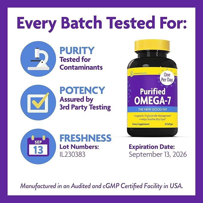 InnovixLabs Purified Omega 7 Supplement - 210 mg Omega-7 Palmitoleic Acid Fish Oil for Metabolism &amp Triglyceride Support Essential Fatty Acids IFOS Approved 30 Softgels